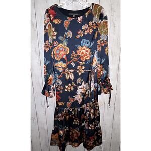 JULIA JORDAN Navy Blue Floral Print Tie Waist Long Sleeve Midi Dress Size 8 NEW